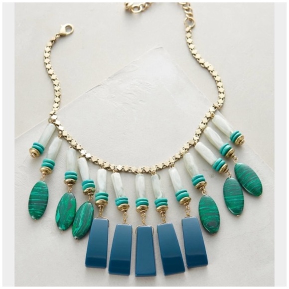 Anthropologie Green Malachite Stone Equatorial Fringed Bib Statement Necklace - Picture 1 of 4